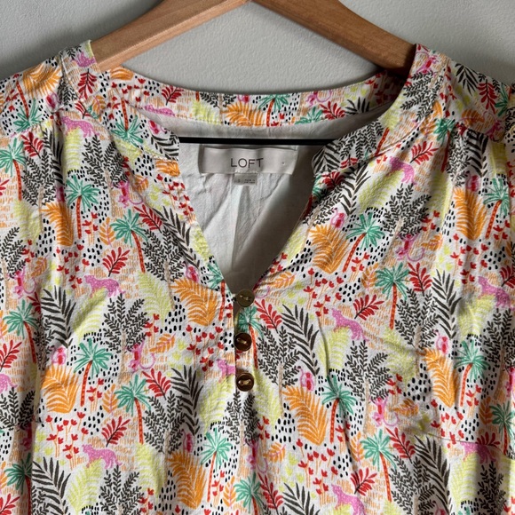 Loft Tropical Print Paradise Ruffle Short Sleeve Button Front Dress Size Small - Picture 7 of 7